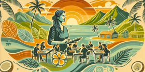 An AI generated vector image with a female in the centre holding a notepad or digital device. Behind her is a group of students sitting at desks. The background image has peaked mountains coming down to the ocean, and the sun setting behind. On the shoreline are palm trees and two single-storey buildings. Decorative elements include a frangipani flower, and palm leaves. The image is in soft and warm tones of blue, green, yellow, and orange.