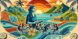 An AI generated vector image with a female in the centre holding a notepad or digital device. Behind her is a group of students sitting at desks. The background image has peaked mountains coming down to the ocean, and the sun setting behind. On the shoreline are palm trees and two single-storey buildings. Decorative elements include a frangipani flower, and palm leaves. The image is in soft and warm tones of blue, green, yellow, and orange.