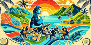 An AI generated vector image with a female in the centre holding a notepad or digital device. Behind her is a group of students sitting at desks. The background image has peaked mountains coming down to the ocean, and the sun setting behind. On the shoreline are palm trees and two single-storey buildings. Decorative elements include a frangipani flower, and palm leaves. The image is in soft and warm tones of blue, green, yellow, and orange.